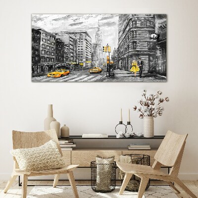 New York street in yellow cabs Wall art on glass