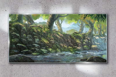 Green corner with a waterfall Glass art print