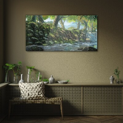 Green corner with a waterfall Glass art print