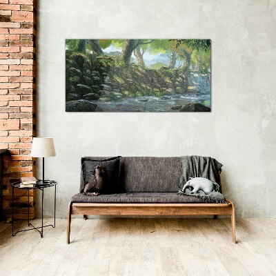 Green corner with a waterfall Glass art print