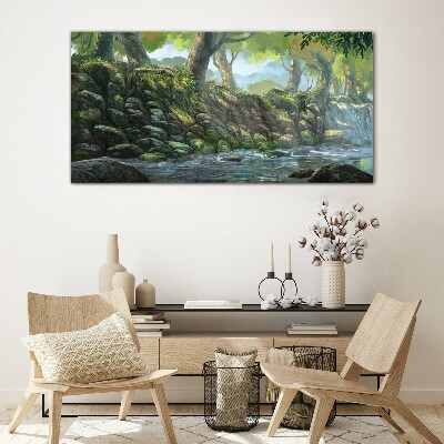 Green corner with a waterfall Glass art print