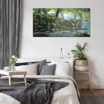 Green corner with a waterfall Glass art print