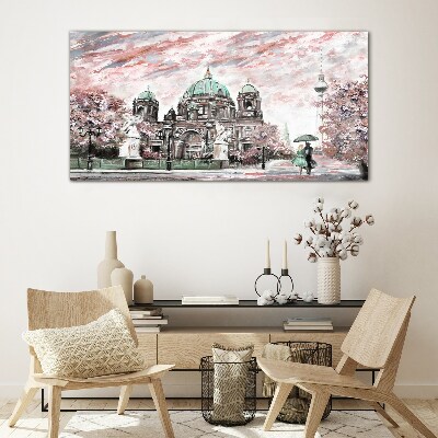 Berlin architecture in spring colors Glass art print