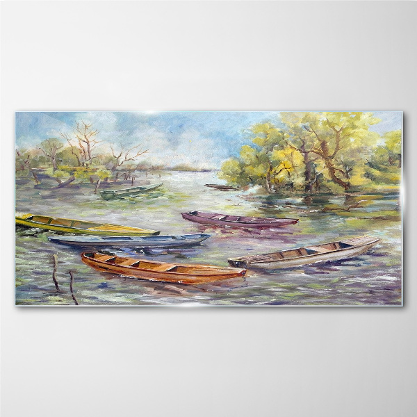 A quiet port with colorful boats Wall art on glass