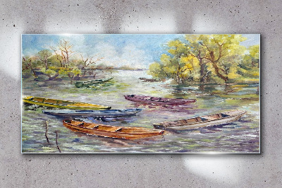 A quiet port with colorful boats Wall art on glass