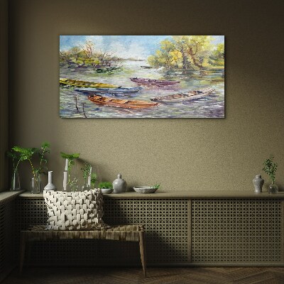 A quiet port with colorful boats Wall art on glass