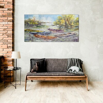 A quiet port with colorful boats Wall art on glass