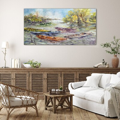 A quiet port with colorful boats Wall art on glass