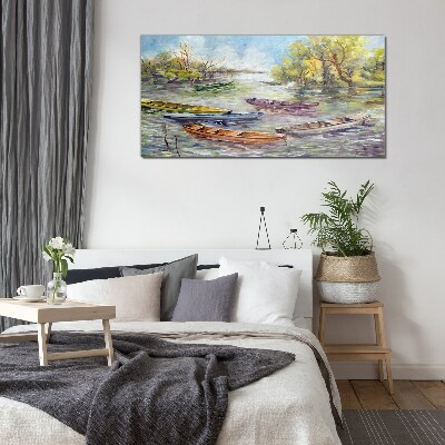 A quiet port with colorful boats Wall art on glass