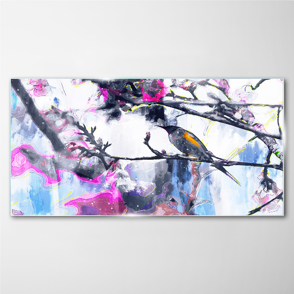 Colorful bird on a background of flowers Wall art on glass