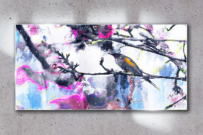 Colorful bird on a background of flowers Wall art on glass