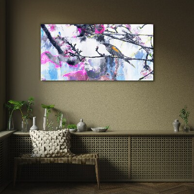 Colorful bird on a background of flowers Wall art on glass