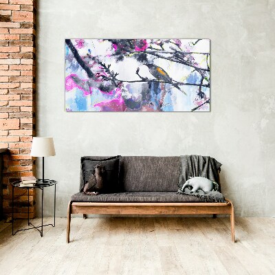 Colorful bird on a background of flowers Wall art on glass