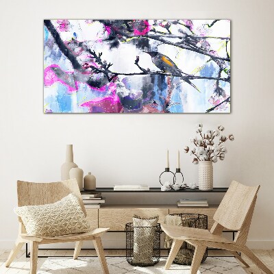 Colorful bird on a background of flowers Wall art on glass