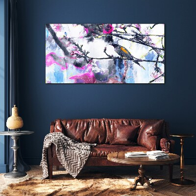 Colorful bird on a background of flowers Wall art on glass