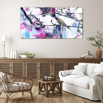 Colorful bird on a background of flowers Wall art on glass