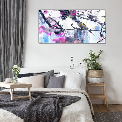 Colorful bird on a background of flowers Wall art on glass
