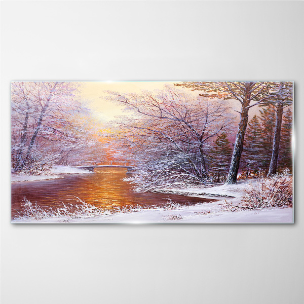 Winter landscape with a river Wall art on glass