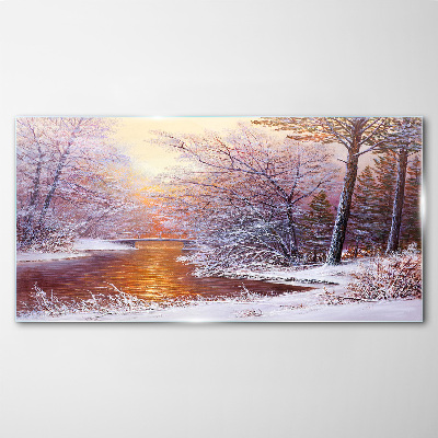 Winter landscape with a river Wall art on glass