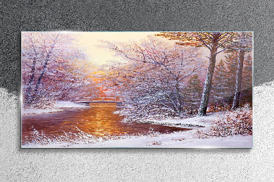 Winter landscape with a river Wall art on glass