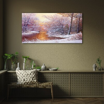 Winter landscape with a river Wall art on glass