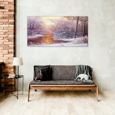 Winter landscape with a river Wall art on glass