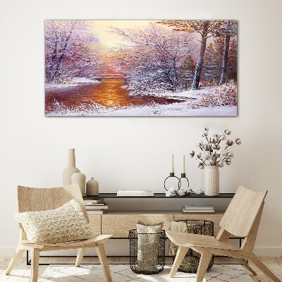 Winter landscape with a river Wall art on glass