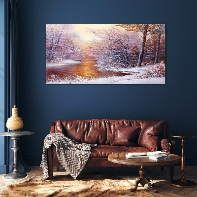 Winter landscape with a river Wall art on glass