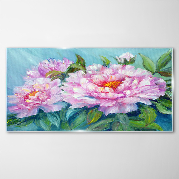 Pink peonies on a blue background Glass art print