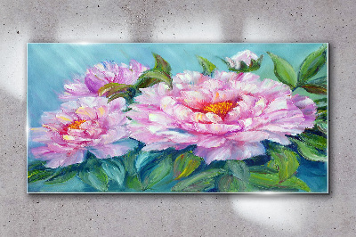 Pink peonies on a blue background Glass art print