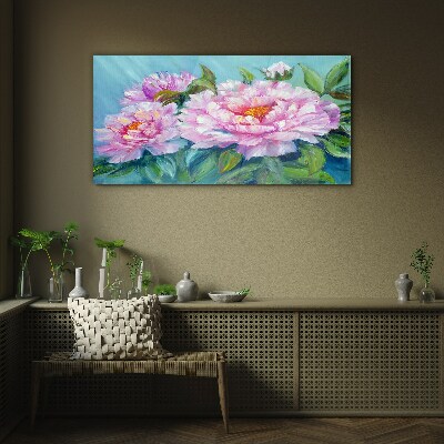 Pink peonies on a blue background Glass art print