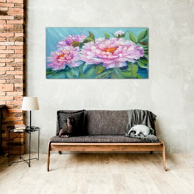 Pink peonies on a blue background Glass art print