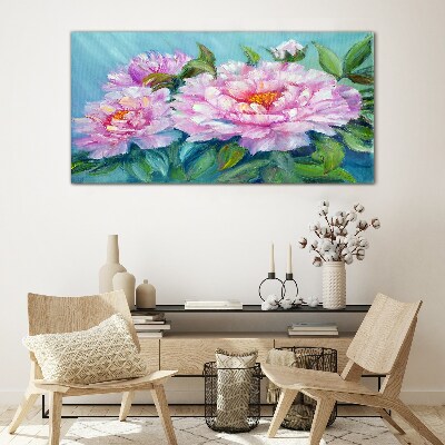 Pink peonies on a blue background Glass art print