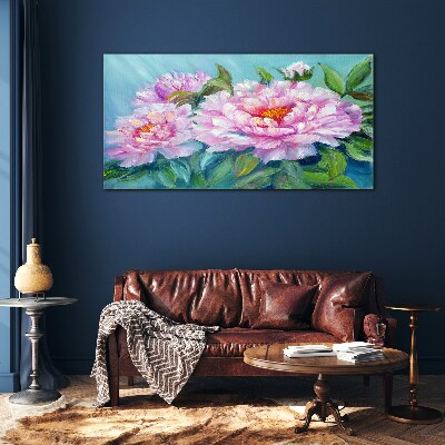 Pink peonies on a blue background Glass art print