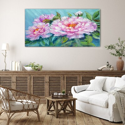 Pink peonies on a blue background Glass art print