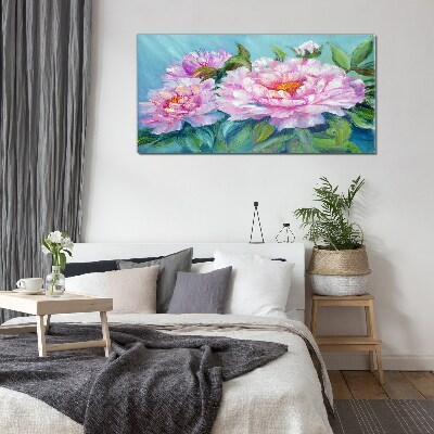Pink peonies on a blue background Glass art print