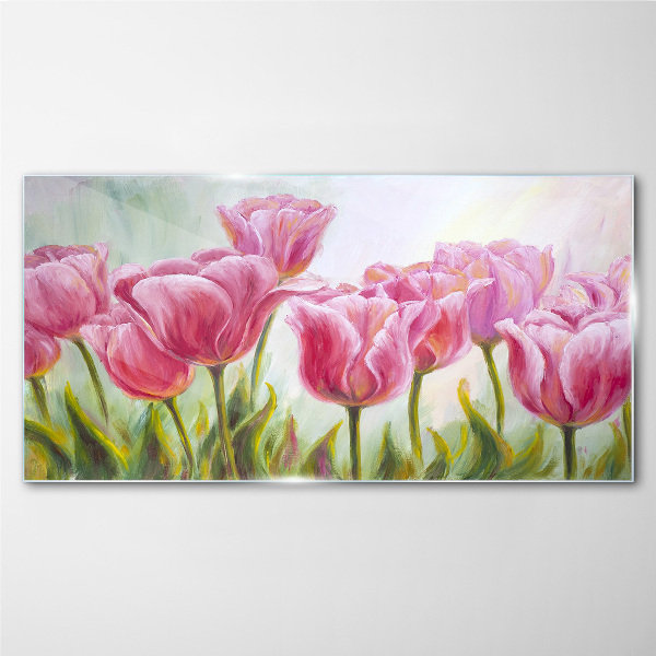 Pink tulips in spring glow Wall art on glass