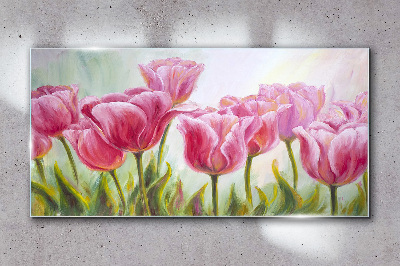 Pink tulips in spring glow Wall art on glass
