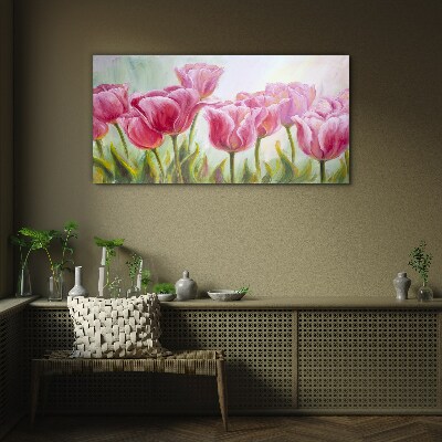 Pink tulips in spring glow Wall art on glass