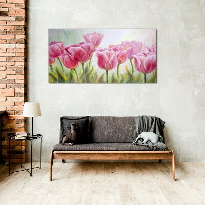 Pink tulips in spring glow Wall art on glass