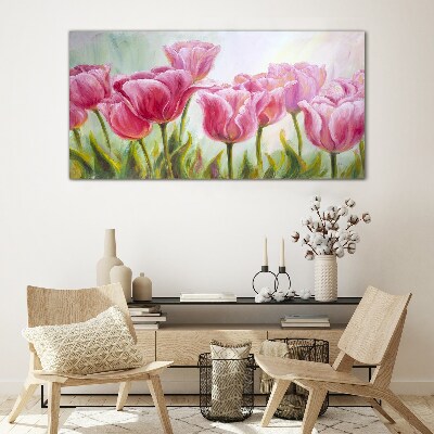 Pink tulips in spring glow Wall art on glass