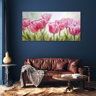 Pink tulips in spring glow Wall art on glass