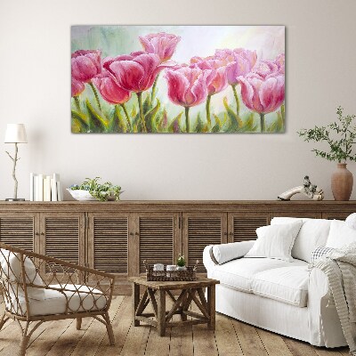 Pink tulips in spring glow Wall art on glass
