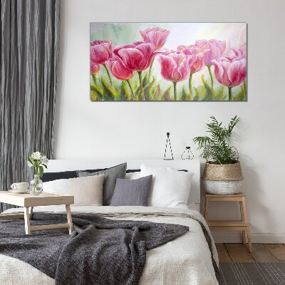 Pink tulips in spring glow Wall art on glass