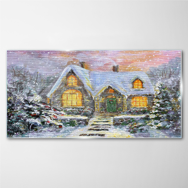 Winter landscape with a house in the forest Glass art print