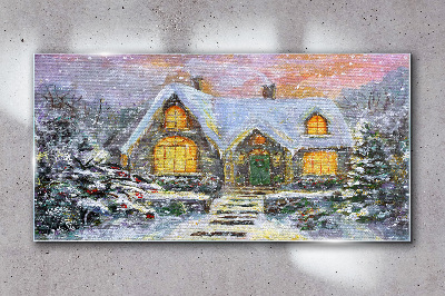 Winter landscape with a house in the forest Glass art print