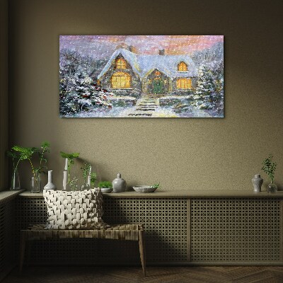 Winter landscape with a house in the forest Glass art print