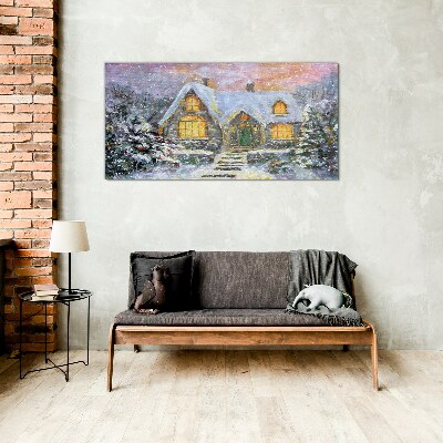 Winter landscape with a house in the forest Glass art print
