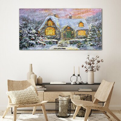 Winter landscape with a house in the forest Glass art print