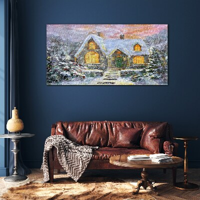 Winter landscape with a house in the forest Glass art print